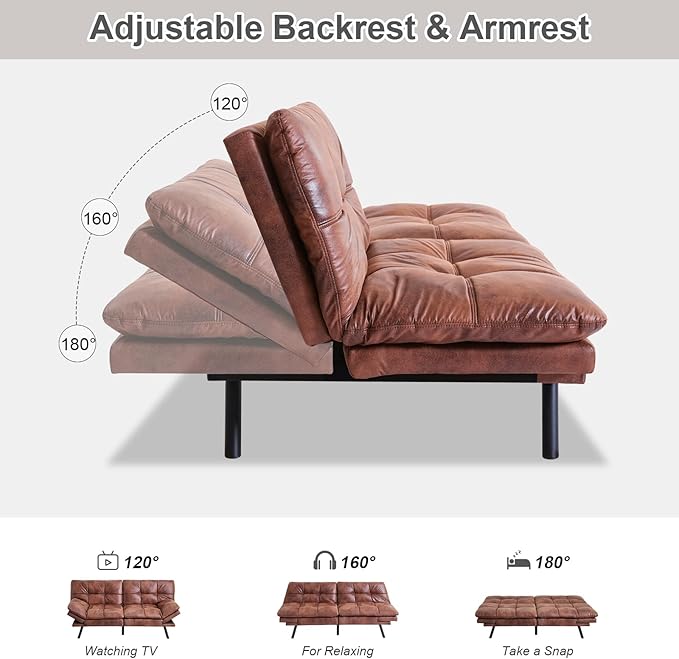 Opoiar Futon Sofa Bed Modern Memory Foam Futon Sofa Bed Couch Sleeper Convertible Futon Couch Christmas Memory Foam Couch Convertible Loveseat for Living Room Apartment Studio Brown (267PU-CH)