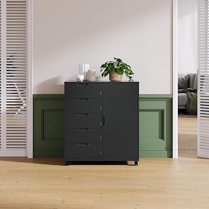 Letaya 5 Drawer Storage Cabinet Mobile Printer Stand for Home OfficeDresser Chest with Shelves and Door(Black)