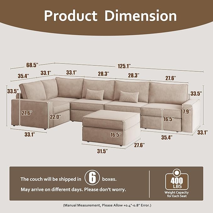 HOOOWOOO Modular Sectional Sofa CouchU L Shaped Free Combination Couch ChairsCorduroy Cloud Sofa with Ottoman Chaise 6 Pieces Set for Living Room(Beige Corduroy)