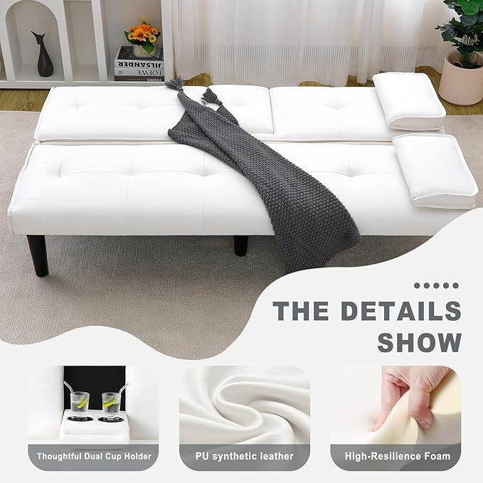Futon Sofa Bed PU Leather Modern Convertible Futon Couch with Removable Armrests Cup Holders Loveseat Sleeper Sofa Bed for Living Room Apartment Small Spaces (White)