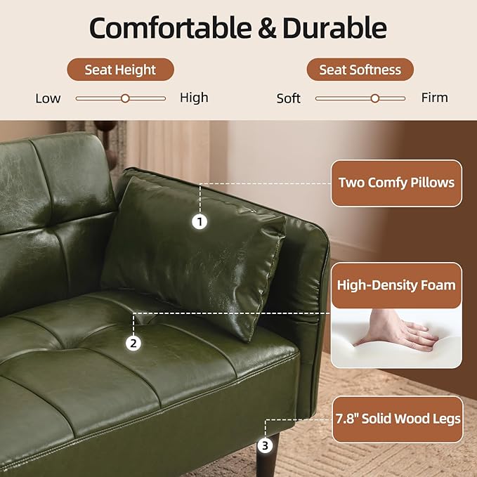 Futon Sofa Bed Sleeper Sofa Small Couch with Storage Adjustable Armrests Pillows Faux Leather Loveseat Mid Century Modern Couches for Living Room Bedroom Apartment Olive Green