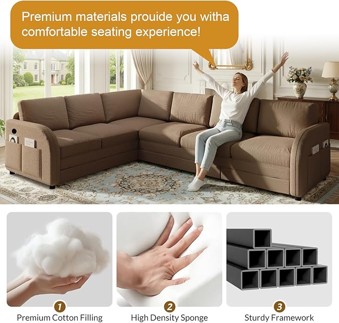 115.2 L Shaped Couch Bed Sectional Couches for Living Room Teddy Fabric Sleeper Sofa Bed with Pull Out Couch Convertible Sectional Couch with Charging Station &amp Side Pocket Brown