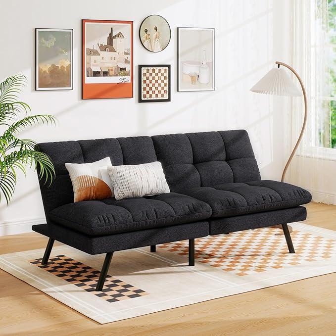 MUUEGM 68” Convertible Futon Sofa Bed Upholstered Small Futon Couches with Adjustable Backrest Loveseat Sleeper Bed for Compact Living Room Studio Office (Black)