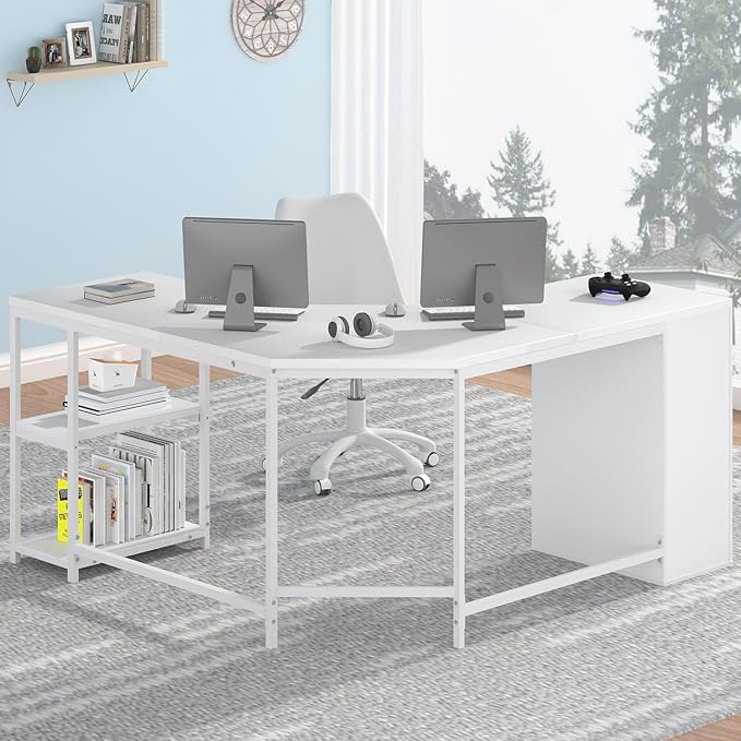 HSH White L Shaped Desk with Drawers Reversible Modern L Shaped Corner Computer Desk with Storage Cabinet Shelves Large Wooden L-Shape Home Office Desk Table for Work Study Writing Gaming 60 Inch