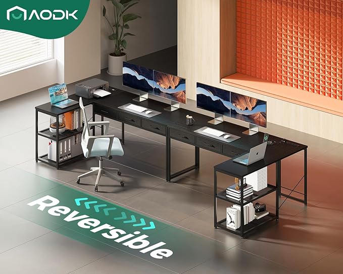 AODK 61 Inch L Shaped Computer Desk with Drawers Corner Desk with Power Outlets &amp Reversible Storage Shelves for Home Office Gaming Black