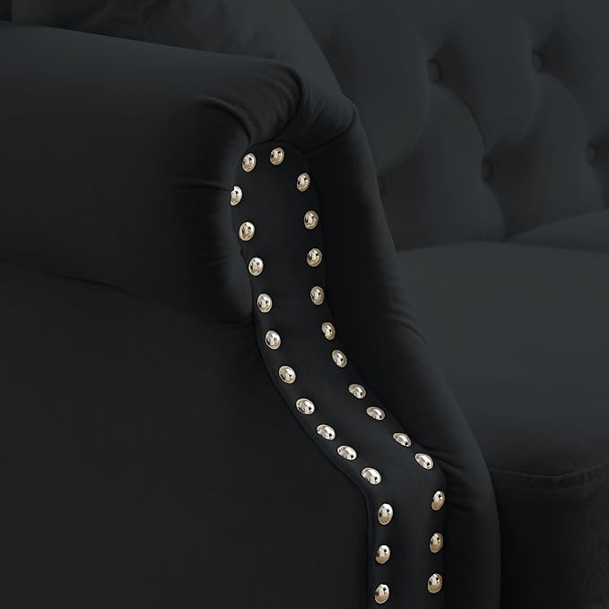 KEIKI 79 Chesterfield Sofa Retro Upholstered 3 Seater Velvet Couch with Rolled Arm and Nailhead for Living Room Bedroom Office Apartment Black