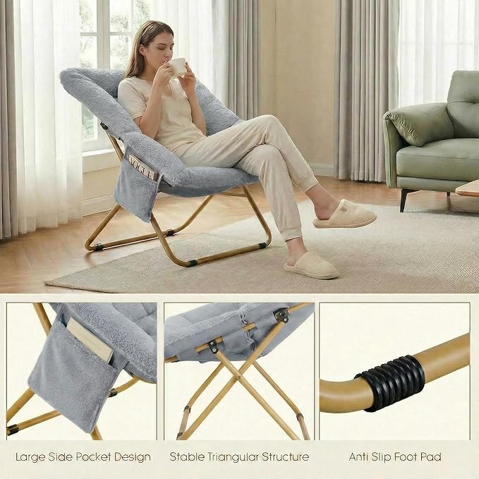 Folding Saucer Chair Comfy Reading Chair with Soft Thick Padded Seat Plush Faux Fur Lounge Chair for Small Space Bedroom Dorm Living Room X-Large Lazy Chair for Adults Teens Kids