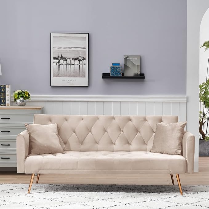 KINFFICT Velvet Futon Sofa Bed with 2 Pillows Convertible Sleeper Sofa Couch with 3 Angle Adjustable Backrest Modern Loveseat with 4 Golden Metal Legs for Living Room and Bedroom
