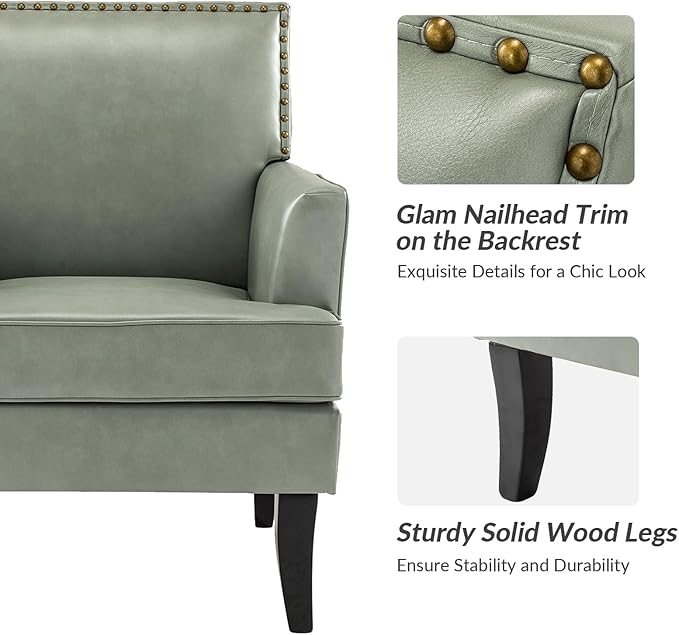 HULALA HOME Modern Faux Leather Accent Chair Comfy Upholstered Sofa Chair with Nailhead Trim Living Room Bedroom Armchair with Wood Legs Sage