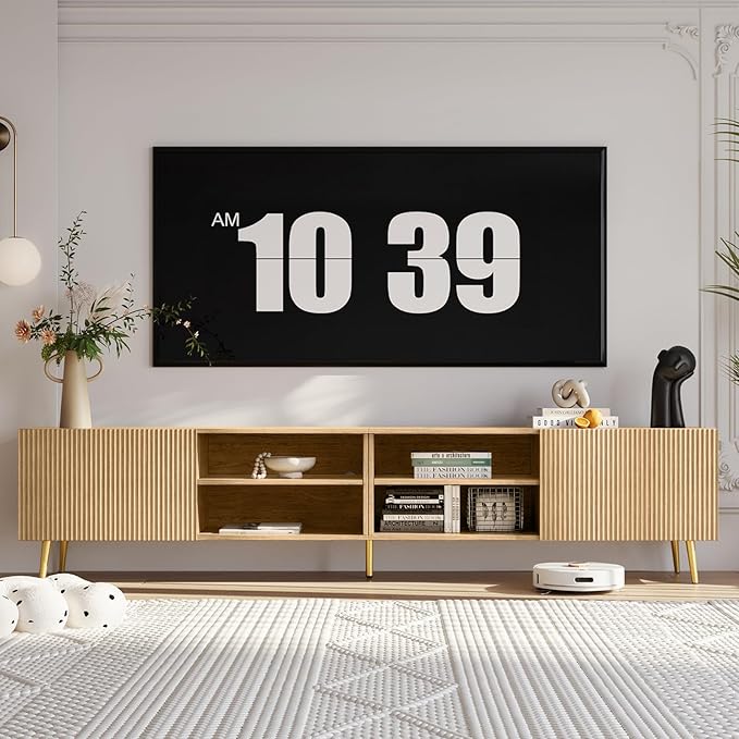 Modern 86in TV Stand for Living Room Fluted Design Entertainment Center with Adjustable ShelvesMedia TV Console Table with Storage for BedroomNature