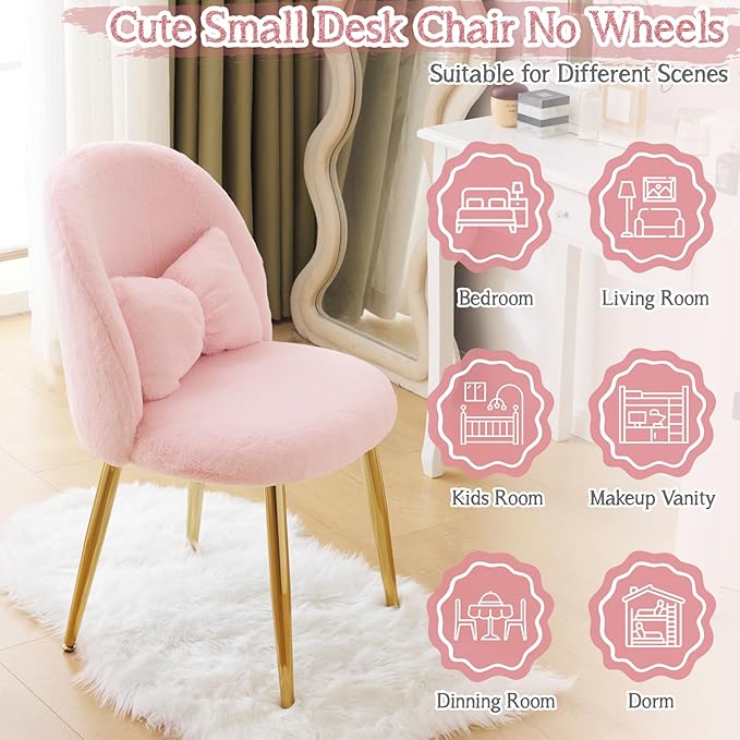 VINGLI Fluffy Girls Vanity Chair with Back &amp PillowCute Small Cozy Desk Chair No WheelsComfy Makeup Ch with Ajustable Gold Legsfor BedroomLiving RoomSmall SpacePink