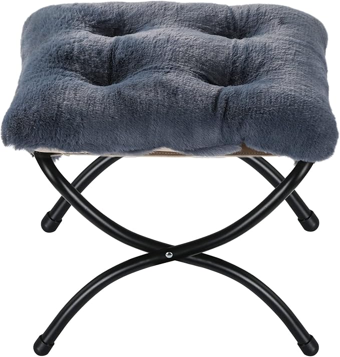 15 Foldable Foot Stool Ottoman with Metal Frame - Washable Faux Fur Navy Upholstered Indoor/Outdoor Footrest for Living Room Bedroom Patio - Space-Saving Compact Design
