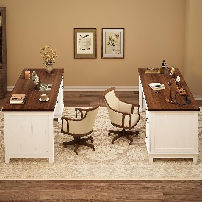 Farmhouse Home Office Desk with Power Outlets &amp USB Ports 53.5 Inch Writing Desk with Adjustable File Cabinet and Storage Drawers Executive Computer Desk for Study Workspace