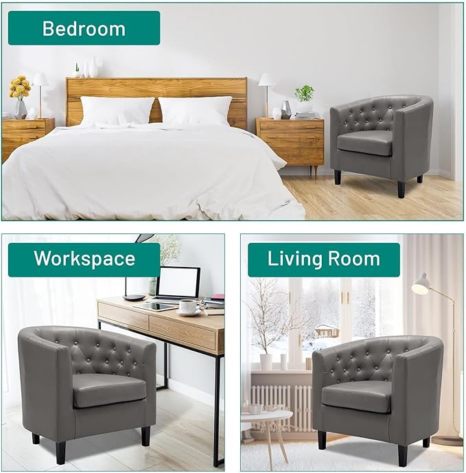 Naomi Home Emma Faux Leather Armchair Set of 2 Modern Tufted Barrel Accent Chairs with Wooden Legs Wide Seat &amp Supportive Back for Living Room Bedroom or Office – Gray