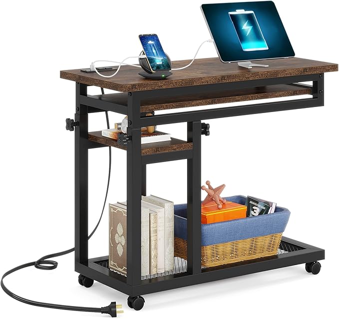 Tribesigns Small Portable Desk with Power Outlet Height Adjustable Sofa Couch Bedside Laptop Table with Wheels Mobile Standing Desk Rolling Computer Cart C Side Table with USB Ports