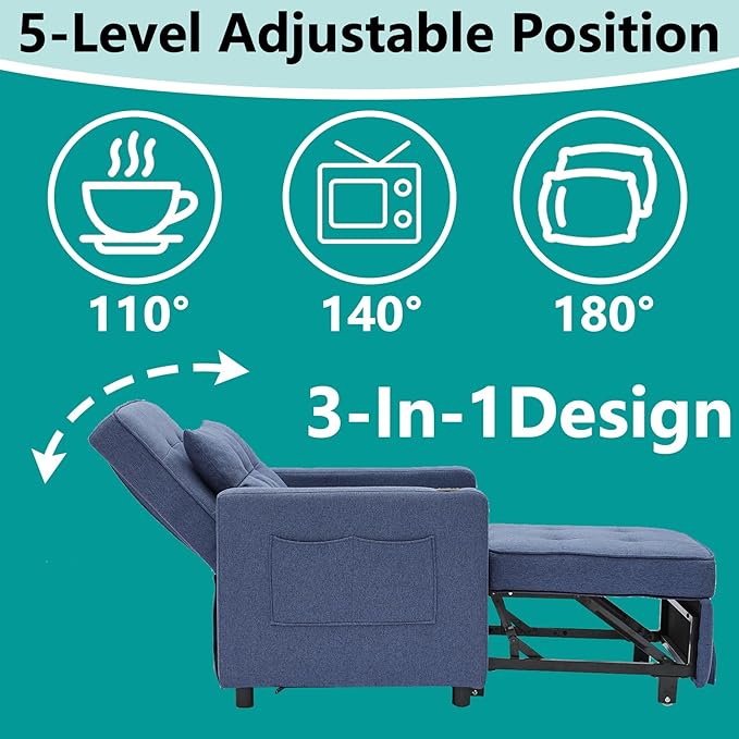 3 in 1 Chair with Pull-Out Sofa Convertible Slip On Sleeping Armrest Sofa Chair with Storage Pockets and Adjustable Backrest Comfortable Folding Seat for Bedroom Bed (Dark Grey) (Blue)