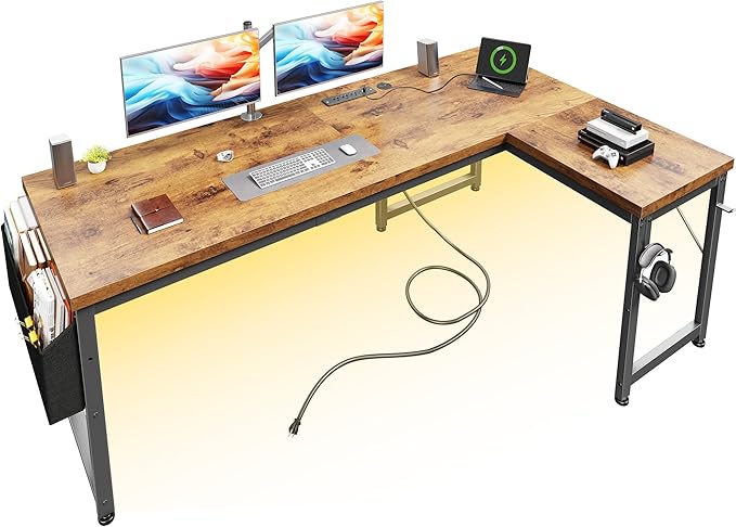 L Shaped Desk with 0.95 Inch Thicker Desktop &amp Storage Bag Computer Desk with Power Outlets &amp Lights Reversible Gaming Desk for Home Office Corner Desk Study Room Living Bedroom Brown