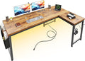 L Shaped Desk with 0.95 Inch Thicker Desktop &amp Storage Bag Computer Desk with Power Outlets &amp Lights Reversible Gaming Desk for Home Office Corner Desk Study Room Living Bedroom Brown