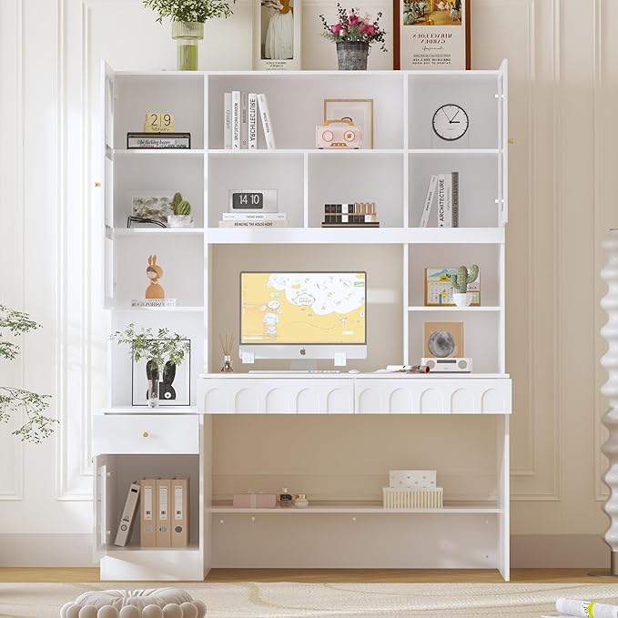 WOODTIME Home Office Computer Desk with Arch Glass Doors Drawers &amp 13 Shelves Modern Wooden Study Writing Gaming Table Workstation White