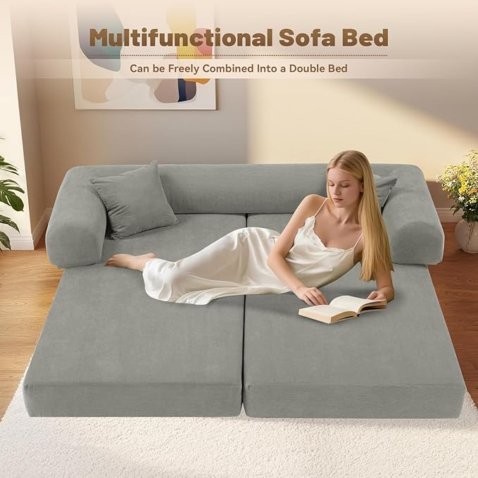Convertible Futon Sofa Bed80 Folding Pull Out Couch Bed with StorageQueen Sleeper Sofa BedCompressed Couch in a BoxCorduroy Boneless Couches for Living RoomLight Grey