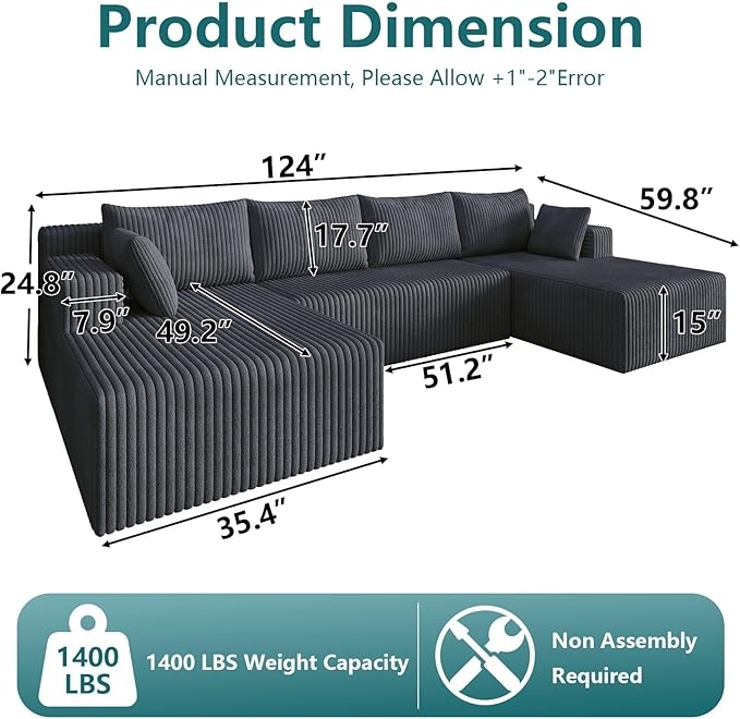 124 U-Shape Cloud Couch Modern Modular Sectional U-Shape Sofa Corduroy Upholstered Couches Deep Seat Sleeper Chaise Longue for Living Room No Assembly RequiredDark Gray
