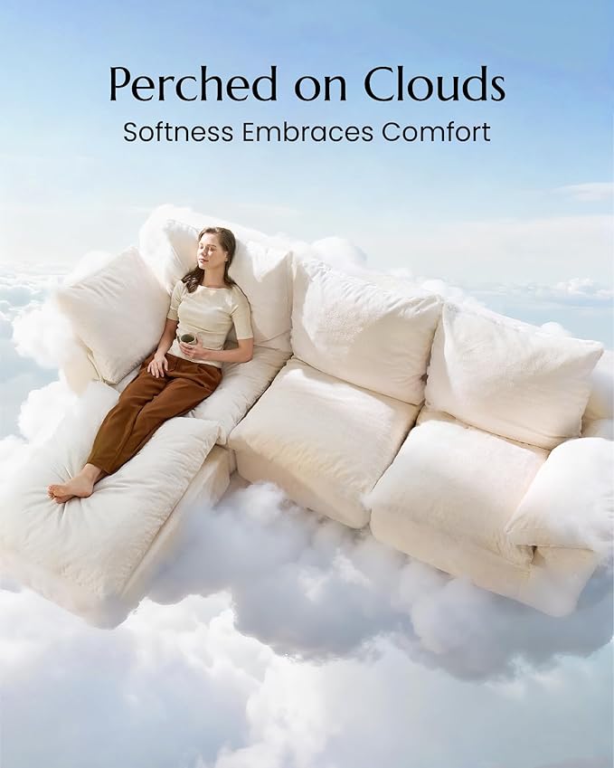 High Back Boneless Cloud Couch Luxury Chenille Modular Cloud Sofa No Assembly Boneless Couch with Removable Covers No Assembly Two Middle Modules Warm White