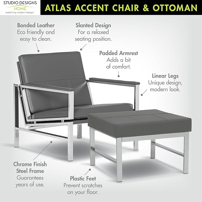 Atlas Bonded Leather Accent Chair with Ottoman Set Mid-Century Modern Lounge Chair &amp Footrest with Chrome Legs for Living Room or Office Guest Seating Chrome/Smoke