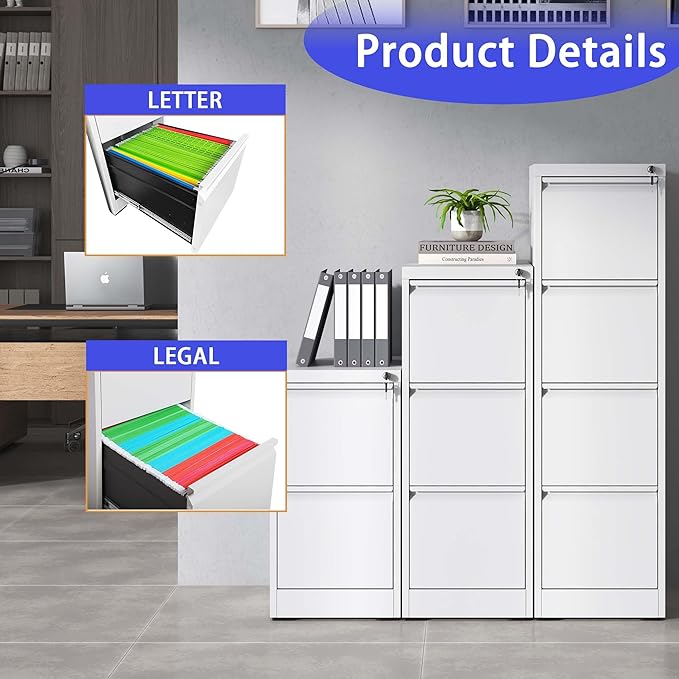 3 Drawer Metal Vertical File Cabinet with Lock Office Home Steel Vertical File Cabinet for A4 Legal/Letter Size (White)