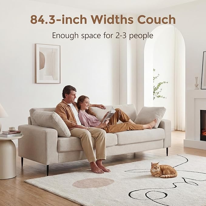 84.3 Modern Loveseat Sofa Comfy Couches with Spring Cushion Solid with Wood Frame 2 Pillows Included Mid Century Modern Design Home Sofa for Living Room Off White