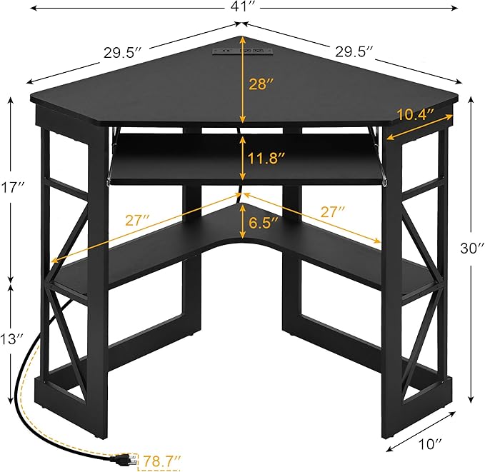 VECELO Corner Computer Desk 41x30 inches with Charging Station &amp Keyboard &amp Storage Shelves for Small SpaceTriangle Table for Home Office BedroomBlack
