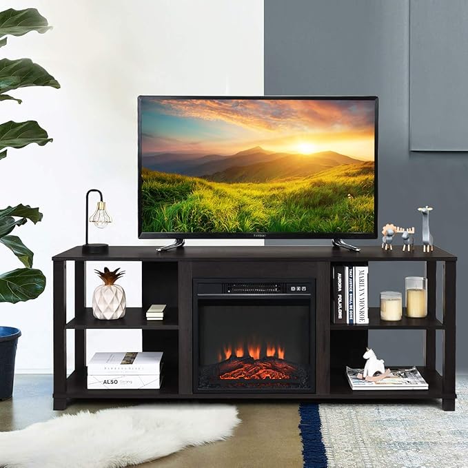 Tangkula 2-Tier TV Stand Entertainment Television Stands Modern Entertainment Centers with Adjustable Shelves Suitable for 18 Electric Fireplace (Not Included)