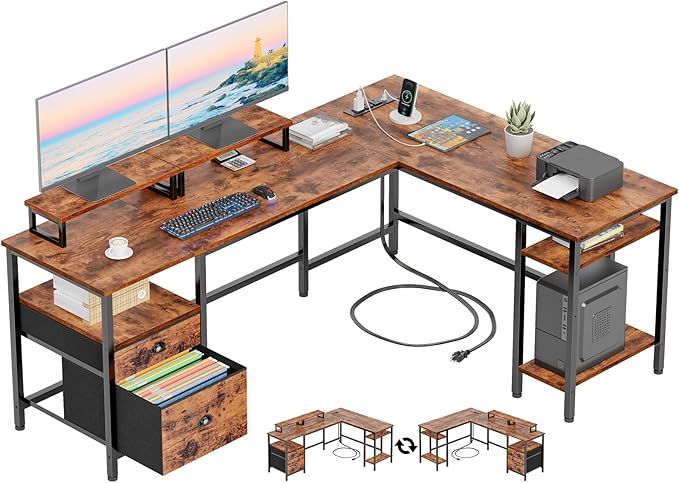 Furologee 66” L Shaped Desk with Power Outlet Reversible Computer Gaming Desk with File Drawer &amp 2 Monitor Stands for Home Office with Storage Shelves Rustic Brown