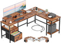 Furologee 66” L Shaped Desk with Power Outlet Reversible Computer Gaming Desk with File Drawer &amp 2 Monitor Stands for Home Office with Storage Shelves Rustic Brown