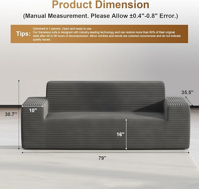 Vivvadecor 79 3-Seater Corduroy Sofa Sofa-in-a-Box Modern Floor Foam Couch with 24 Deep Seat No Assembly Needed Sofas for Compact Living Room Apartment Home Office Dark Gray