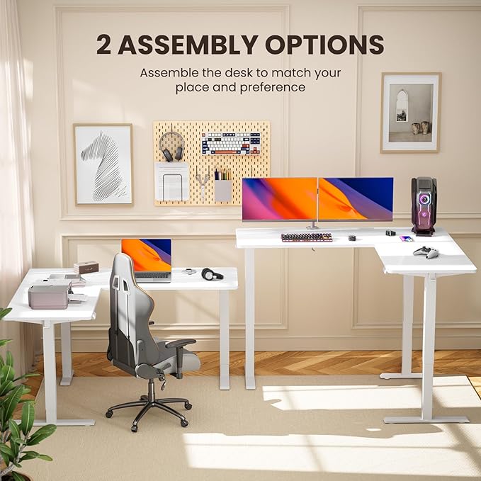 ErGear L Shaped Standing Desk 63x55 Electric Adjustable Height Sit Stand up Desk Ergonomic Large Computer Table Left &amp Right Interchangeable Installation Suitable for Home Office White