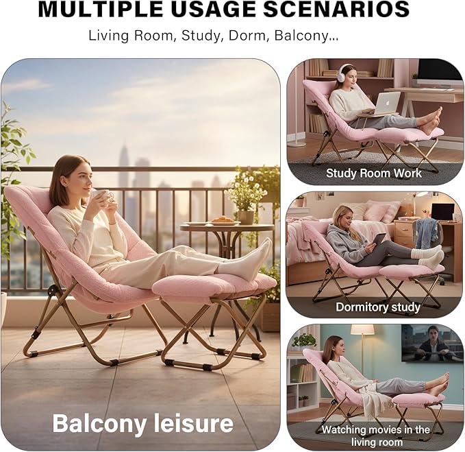 Tiita Folded Chair with Straight Ottoman Soft Faux Fur Oversized Folding Accent ChairLazy Chair Metal Frame Moon Chair for Bedroom Living Room Dorm Rooms Garden and Courtyard Pink