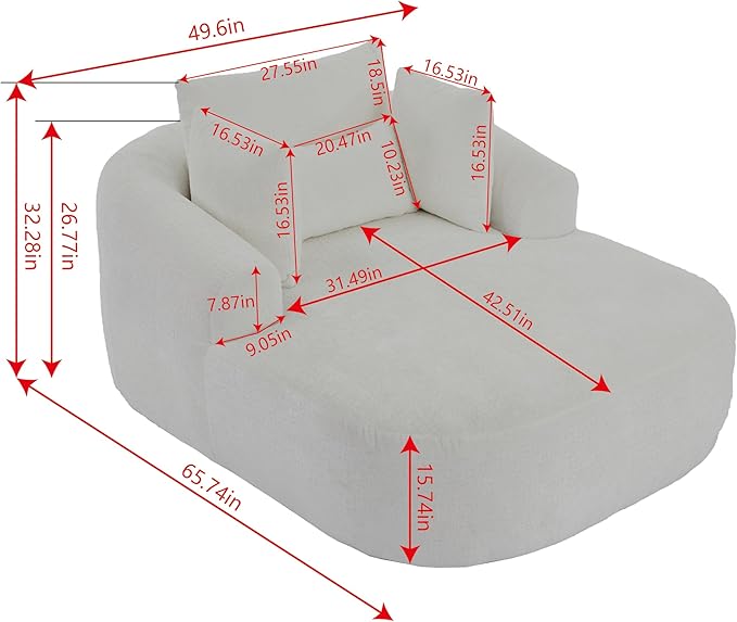 Oversized Chaise Longue Chair Indoor Modern Upholstered Chenille Deep Seat Sofa Bed with Throw Pillows and Armrests Sleeper Sofa Couch for Living Room Bedroom Apartment (Grey)