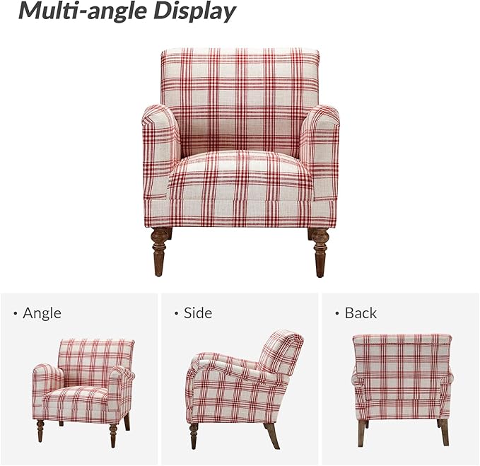 HULALA HOME Modern Accent Chair with Arms and Wooden Legs Comfy Upholstered Armchair for Bedroom Living Room (Plaid Pattern Red)
