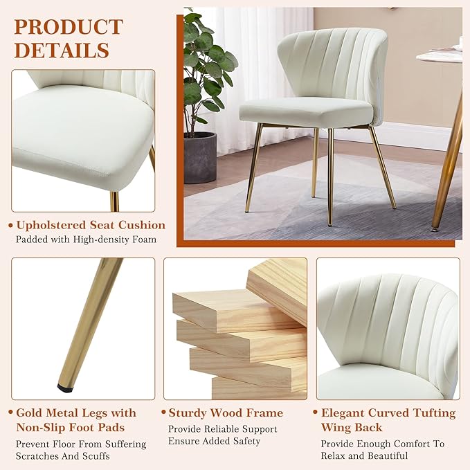 HULALA HOME Velvet Dining Chair Cute Armless Accent Chair Living Room Chair with Golden Legs Mid Century Modern Upholstered Side Chair for Kitchen Vanity Ivory