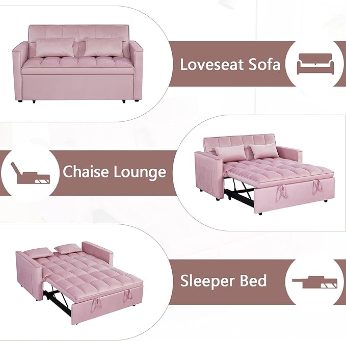 54 Convertible Sofa Bed Velvet Sleeper Sofa with Pull-Out Bed 3-in-1 Futon Couch with Reclining Backrest and Side Pocket Modern Loveseat for Living Room (Pink)