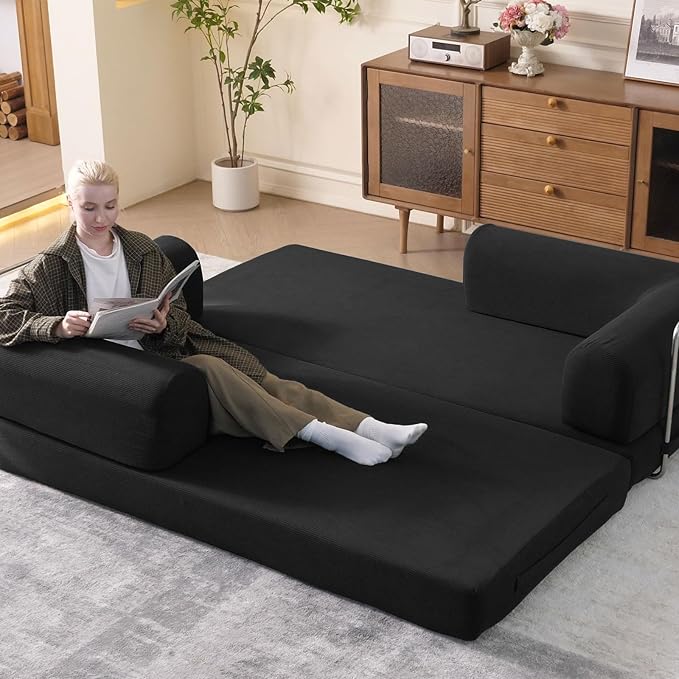 79 Convertible Sleeper Sofa Bed with Cylindrical Pillow Corduroy Folding Mattress Couch with Fixed-Shape Frame Floor Sofa Lounge Couch for Living Room Bedroom Lounge Studio (Black)