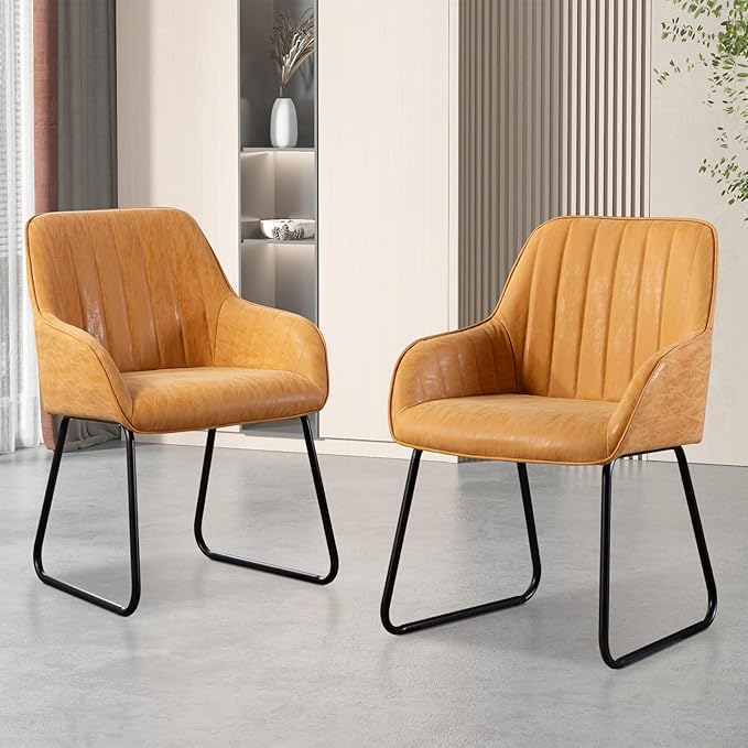 Vanity Art Mid Century Modern Accent Chair with Arms Upholstered Synthetic Faux Leather Chair for Living Room Bedroom Reading Area Comfy Dining Chairs Set of 2 (Yellow Tan) UC-15T