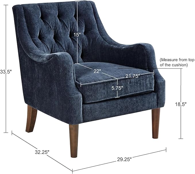 Madison Park Qwen Upholstered Accent Chair with Solid Wood Legs Button Tufted Round Arms Removable Seat Cushion Transtional Pipped Padded Cushion Seat Bedroom Lounge Comfy for Reading Navy