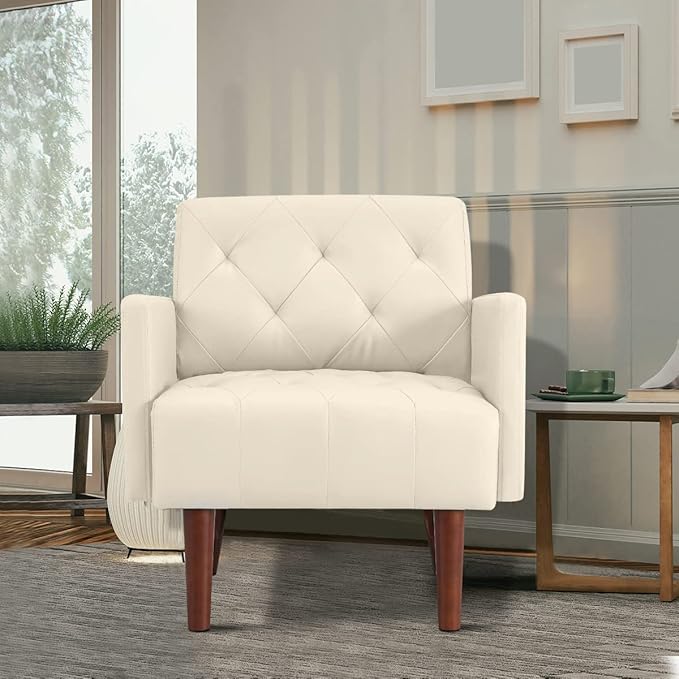 Leather Accent Chair Mid Century Modern PU Leather High Back Armchair for Living Room Chairs with Solid Wood Legs for Small Spaces Bedroom Office (White 29.1 x 25.6 x 31.1)