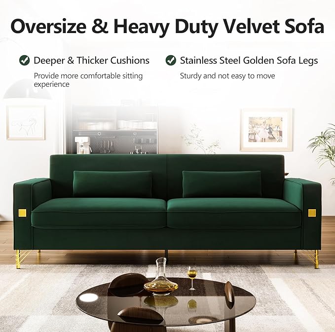 85.63'' Mid-Century Modern Green Velvet Sofa Couch with Metal Gold Legs 3 Seater Tufted Loveseat Couches with 2 Lumbar Pillows for Living Room and Apartment