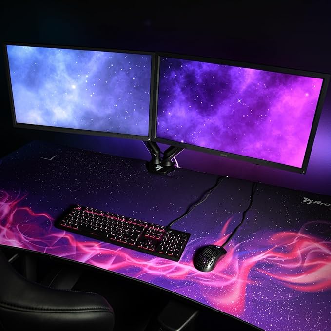 Arozzi Arena Special Edition Ultrawide Curved Gaming and Office Desk with Full Surface Water Resistant Desk Mat Custom Monitor Mount Cable Management Cut Outs - Purple Galaxy