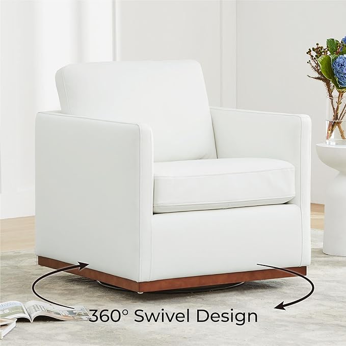 CHITA Genuine Leather Swivel Accent Chair FSC Certified Mid Century Modern Arm Chair for Living Room and Bedroom Fully Assembled White