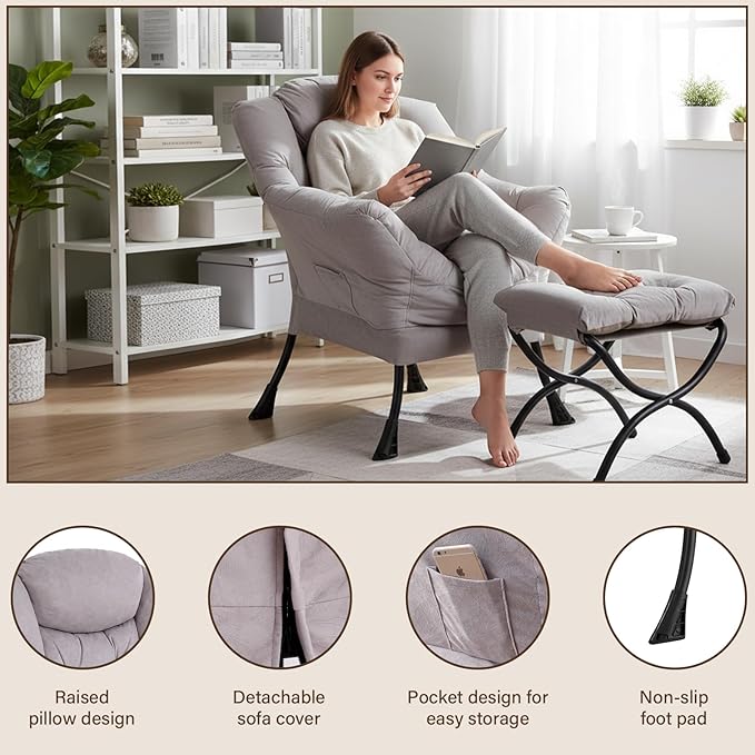 Welnow Lazy Chair with Ottoman Modern Accent Chair with Armrests and a Side Pocket Leisure Sofa Armchair Reading Armchair with Footrest for Small Space Light Grey