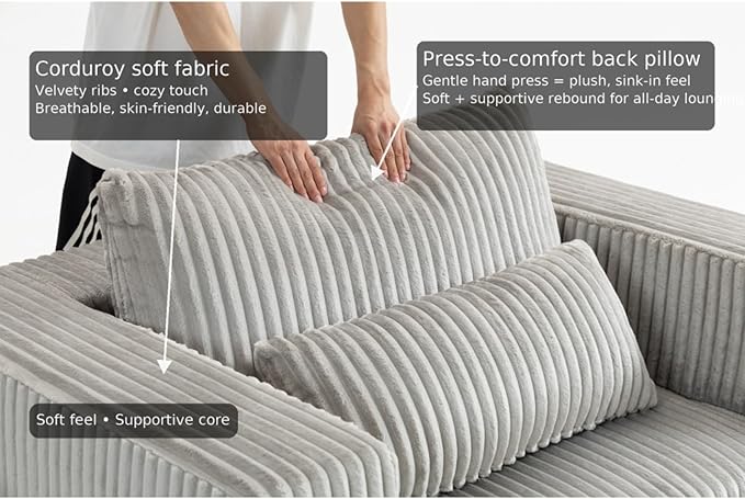 50.98'' Corduroy Boneless Couch with Square Armrests and 2 Cushions Modern Luxury Compressed Sofa Couch with Movable Ottoman No Assembly Required Living Room Apartment HotelSmoke Grey