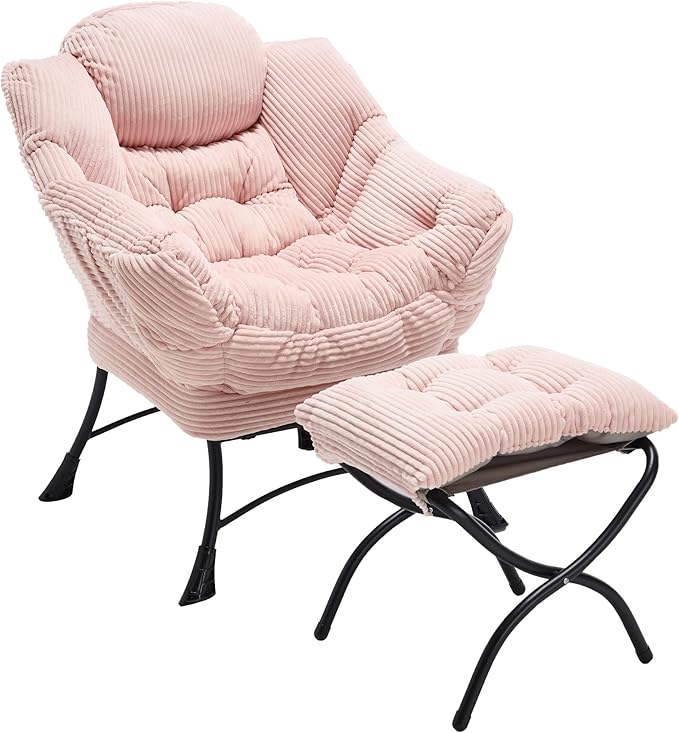 Lazy Chair with Ottoman Comfy Lounge Chair for Reading Relaxing and Napping Perfect for Living Room Bedroom or Office Pink